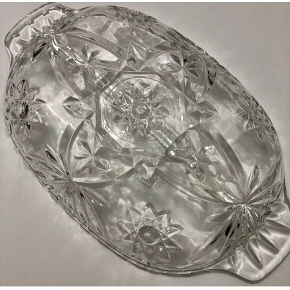 Set of 2 Identical Depression Cut Glass Divided Relish Trays Clear Oval Star - Picture 6 of 14